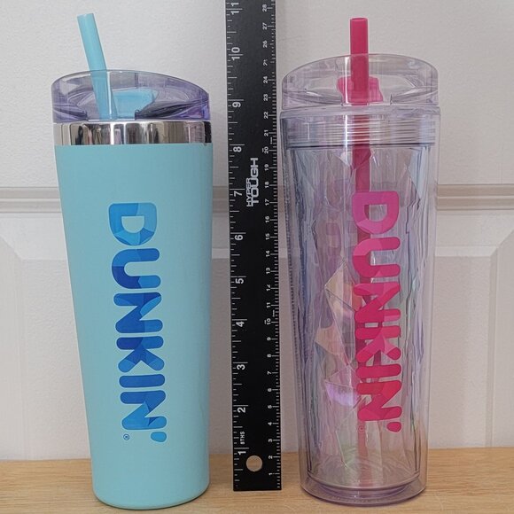 2 Rare Dunkin' 2025 24oz. Tumblers. Pink Chiseled Ice & Blue Soft Touch. - Picture 2 of 7